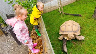 Gaby and Alex feeding animals on the Farm