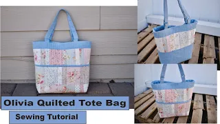 Olivia quilted tote bag sew along - Patchwork tote bag with front pockets