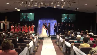 Groomsmen object during wedding ceremony.