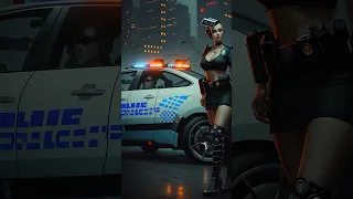 Free Stock Videos - AI animation - cyberpunk woman police officer with cyberpunk car beside