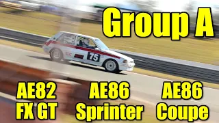 Group A Trio: TOMs Corolla FX GT (AE82), TRD/TTA Coupe (AE86), Bob Holden Sprinter Coupe (AE86)