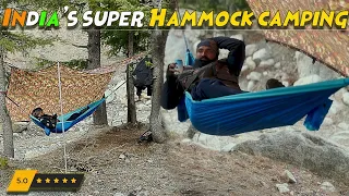 How to survive in Hammock camping😯|| Tarp shelter hammock camping || rain with Riverside camping
