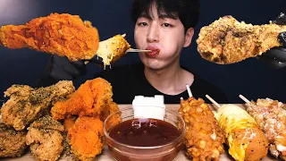 BBQ SPICY FRIED CHICKEN & CHEESE CORN DOG with Sweet Sauce MUKBANG / BBQ 황금올리브치킨 핫도그 먹방