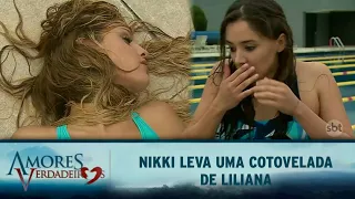 Amores Verdadeiros - Liliana e Nikki fazem competição; Nikki leva cotovelada de Liliana