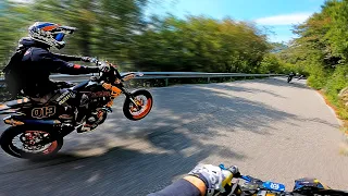 HUSQVARNA 500cc CHASING SUPERMOTOS ON TINY ROAD