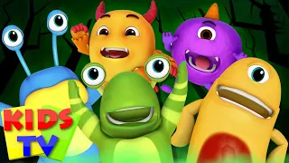 Five Little Monsters Jumping on the Bed | Halloween Rhymes | Scary Cartoon & Spooky Songs - Kids Tv