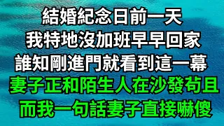 結婚紀念日前一天，我特地沒加班早早回家，誰知剛進門就看到這一幕，妻子正和陌生人在沙發茍且，而我一句話妻子直接嚇傻！【一濟說】#落日溫情#情感故事#花開富貴#深夜淺讀#深夜淺談#家庭矛盾#爽文