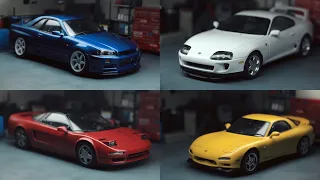 Building 4 Iconic JDM Model Cars in 1 Video - Toyota Supra, Nissan R34 GT-R, Mazda RX7 & Honda NSX
