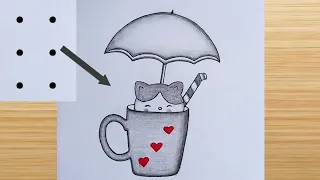 6 point to easy pencil drawing ideas || easy cute cat and cup drawing || Dots drawing || आसान चित्र