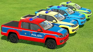 TRANSPORTING WOLKSWAGEN AMAROK POLICE CARS WITH MERCEDES TRUCKS !- Farming Simulator 22
