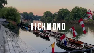 Sunrise walk around picturesque streets of Richmond, UK. Calm morning by the river Thames. 4k | HDR