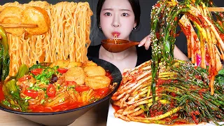 ASMR MUKBANG | BEST RAMEN FOR ME 🔥 SPICY MALA RAMEN NOODLES! SPICY GREEN ONION KIMCHI ☆ FISH BALLS