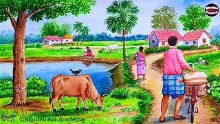 Beautiful Indian Village Scenery Painting|How To Draw Easy Indian Village Scenery With Watercolor