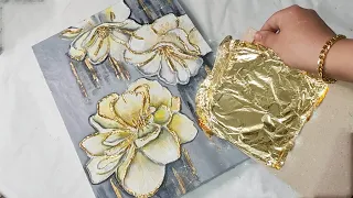 You must see the texture! Easy Technique You Can Try - DIY Flower Art + Gold Leaf | Easy training