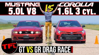Tiny 3-Cylinder Turbo  vs. Massive ‘Murican V8: Toyota GR Corolla vs Ford Mustang GT Drag Race!