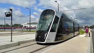 Luxembourg, tramway station "Lycée Bouneweg": arrival of a tramway at the newly inaugurated station