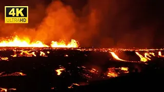 Lava breaks to surface from a lengthy fissure (250 m), which may extend! 4K Drone. 04.08.22