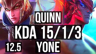 QUINN vs YONE (MID) | 15/1/3, Legendary, Rank 8 Quinn, 700+ games, 1.1M mastery | KR Master | 12.5