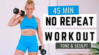 45 MIN HIIT WORKOUT WITH WEIGHTS | NO REPEAT! Full Body Fat Burn and Sculpt Workout