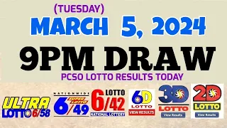 Lotto Result today 9pm draw March 5, 2024 6/58 6/49 6/42 6D Swertres Ez2 PCSO#lotto