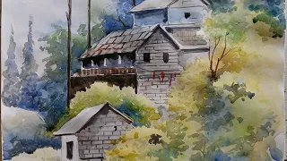 A mountain village scenery drawing & colour #landscape #watercolor #villagelife #outdoors #viral