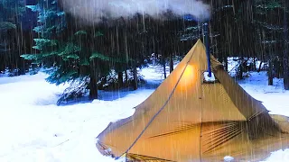 Deep Snow Hot Tent Night with My Dog - Foldable Wood Stove And Tipi Tent