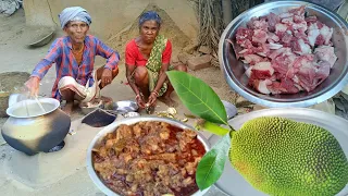 village cauple how to cook MUTTON CURRY with jackfruit || old cauple cooking and eating mutton curry