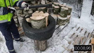 Klapien tekoa kirveellä, apuna autonrengas-halkomapölli. Splitting firewood with a tire.