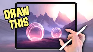 MOUNTAIN NEON SPHERE LANDSCAPE  drawing tutorial - Procreate made easy