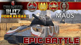 WoT BLITZ GREAT BATTLES 🔥 - MAUS 9K DMG!! Kolobanov, Mastery Badge 5 kills