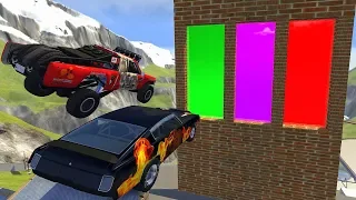 Crazy Vehicle High Speed Jumping through Green Or Purple Or Red Slime Water Wall Crash- BeamNG drive