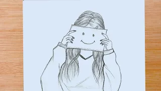 A girl hides her emotions with a Smiley Face Emoji - pencil sketch | How to draw