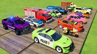 TRANSPORTING CARS, POLICE CARS, AMBULANCE, FIRE TRUCK OF COLORS! WITH TRUCKS! - FARMING SIMULATOR 22