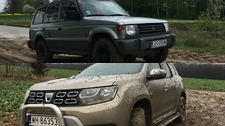 Off road in the mud: Dacia Duster and Mitsubishi Pajero