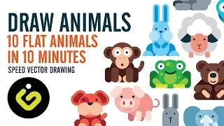 How To Draw Animals, 10 Flat Design Animals in 10 Minutes, Speed Drawing in   Adobe Illustrator