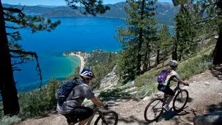 Mountain biking on the Flume Trail overlooking Lake Tahoe