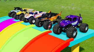 5 MONSTER TRUCK VS GIANT COLOR WATER SLIDE