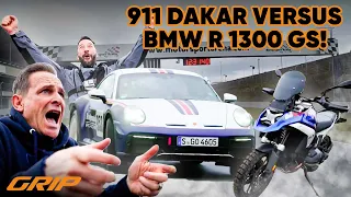 Auto vs. Motorrad: Porsche 911 Dakar mit 480 PS 🆚 der brandneuen BMW R 1300 GS mit 145 PS I GRIP