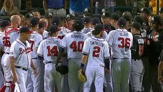 MIA@ATL: Benches clear after Fernandez ducks a pitch