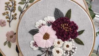 Pink and Burgundy peonies. Hand embroidery for beginners