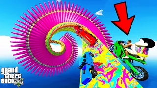 FRANKLIN TRIED IMPOSSIBLE SNAIL MEGA RAMP PARKOUR CHALLENGE CAR BIKE TRUCK GTA 5 | SHINCHAN and CHOP