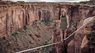 Legendary slackliner Faith Dickey crosses canyon in heels