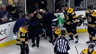Bruins’ Carlo stretchered off after ugly fall near boards