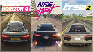 NFS Heat vs Forza Horizon 4 vs The Crew 2 | Audi R8 V10 Sound & Gameplay Comparison (4K)