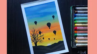 Hot air balloon sunset scenery drawing with soft pastel step by step