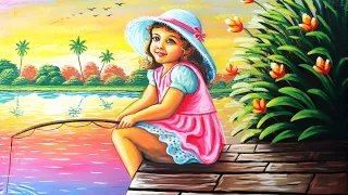 Painting of a beautiful Little girl fishing on a lake | painting 514