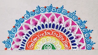 Sanskar Bharti Rangoli Design Half Circle | हाफ Circle रांगोळी डिझाईन with Colours | Goal Rangoli.