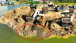 Nice Project Landfill Lake By Mini Bulldozer Pushes Soil to water & Many Truck 5Ton Spreading soil