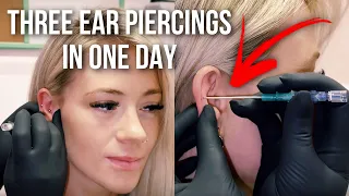 WOW! CONCH,HELIX and LOBE in day! 😱 TRIPLE ear piercing for this lady ✨