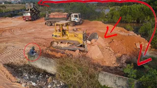 Good idea Great Development Land Filling Up with Bulldozer Pushing Stone Dump Truck Transport Stone